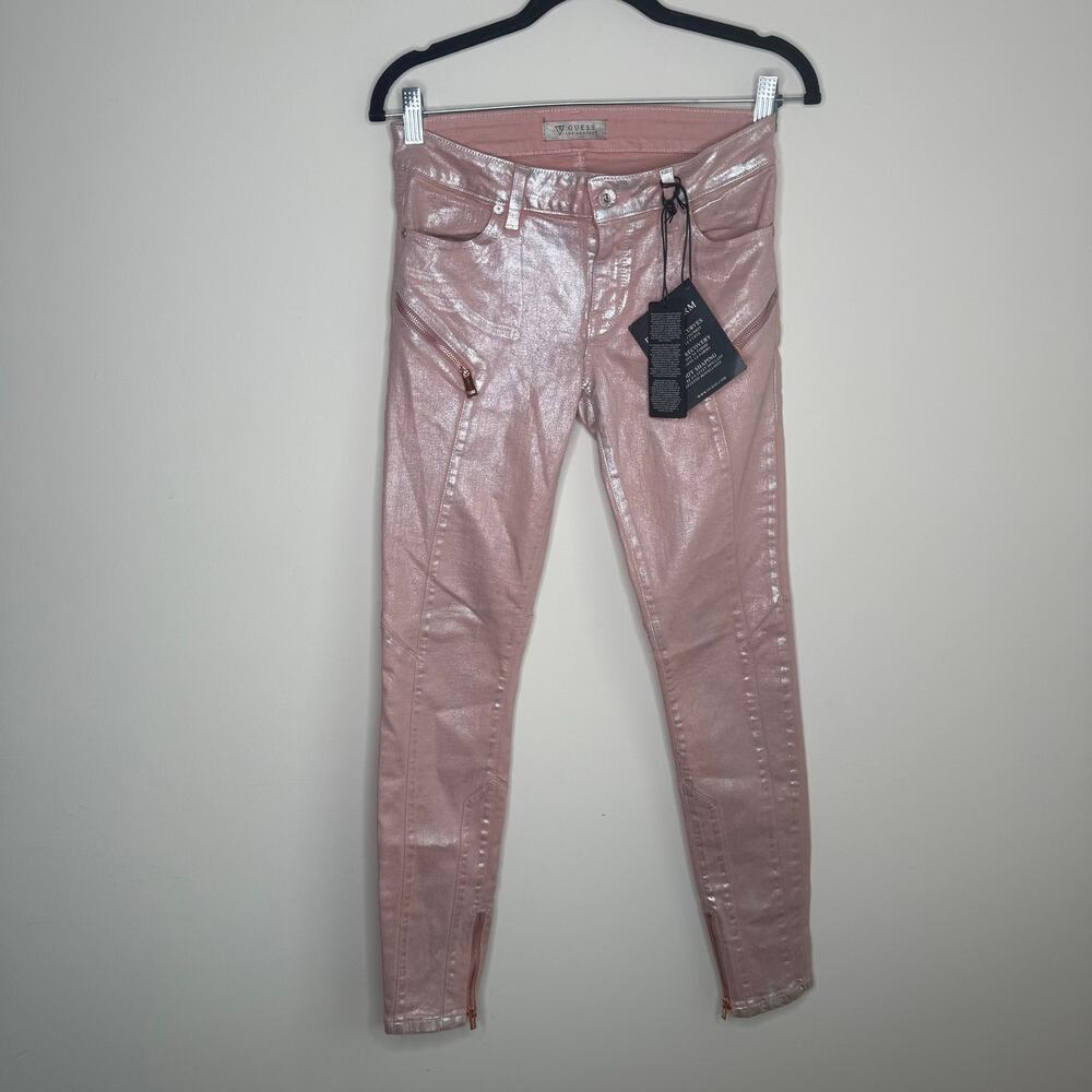 GUESS Metallic Pink Power Skinny Jeans 26 Moto Panel Zip Ankle NWT Sparkle Wash